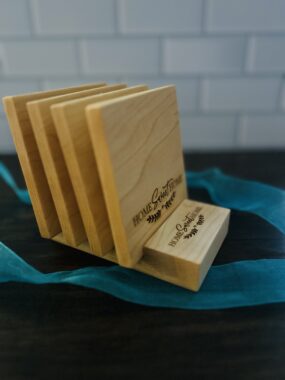 Home Sweet Home Wooden Coasters – 4 pack with Storage Base