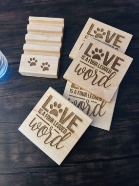 Love is a Four-Letter Word (Pawprint) Wooden Coasters – 4 pack with Storage Base