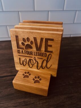 Love is a Four-Letter Word (Pawprint) Wooden Coasters – 4 pack with Storage Base