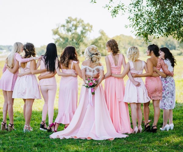 woman, bridal party, lineup, wedding, bride, bridesmaids, dresses, field, wedding, wedding, wedding, wedding, wedding